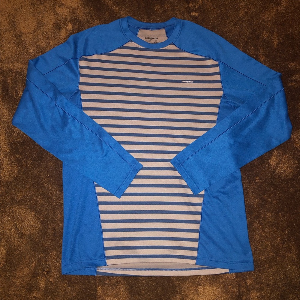 Patagonia Blue Capilene 3 Performance Top with Gray Stripes